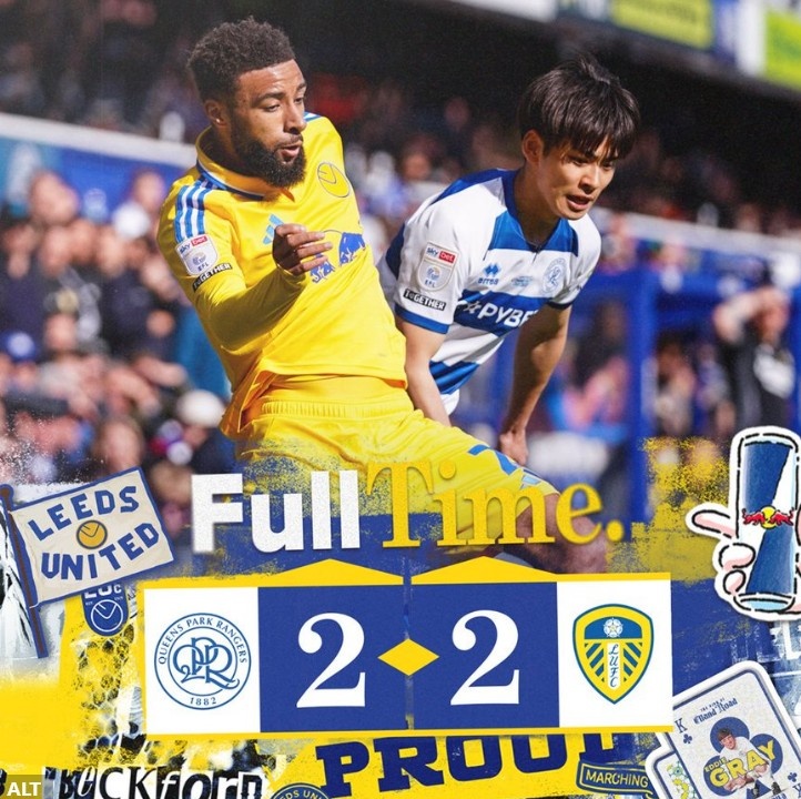 英冠榜首利茲聯(lián)連追兩球2-2戰(zhàn)平QPR，近4輪僅1勝領先優(yōu)勢縮小