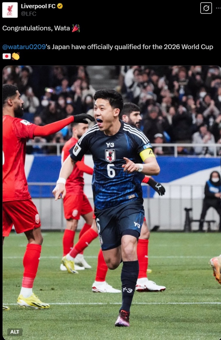 利物浦官推曬遠藤航照片，祝賀其隨日本隊提前晉級世界杯