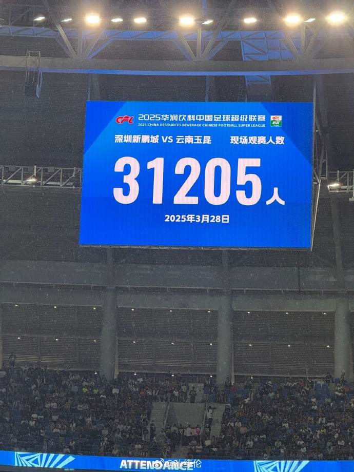 新鵬城新賽季首個(gè)主場(chǎng)現(xiàn)場(chǎng)觀眾31205人，為隊(duì)史最高上座人數(shù)